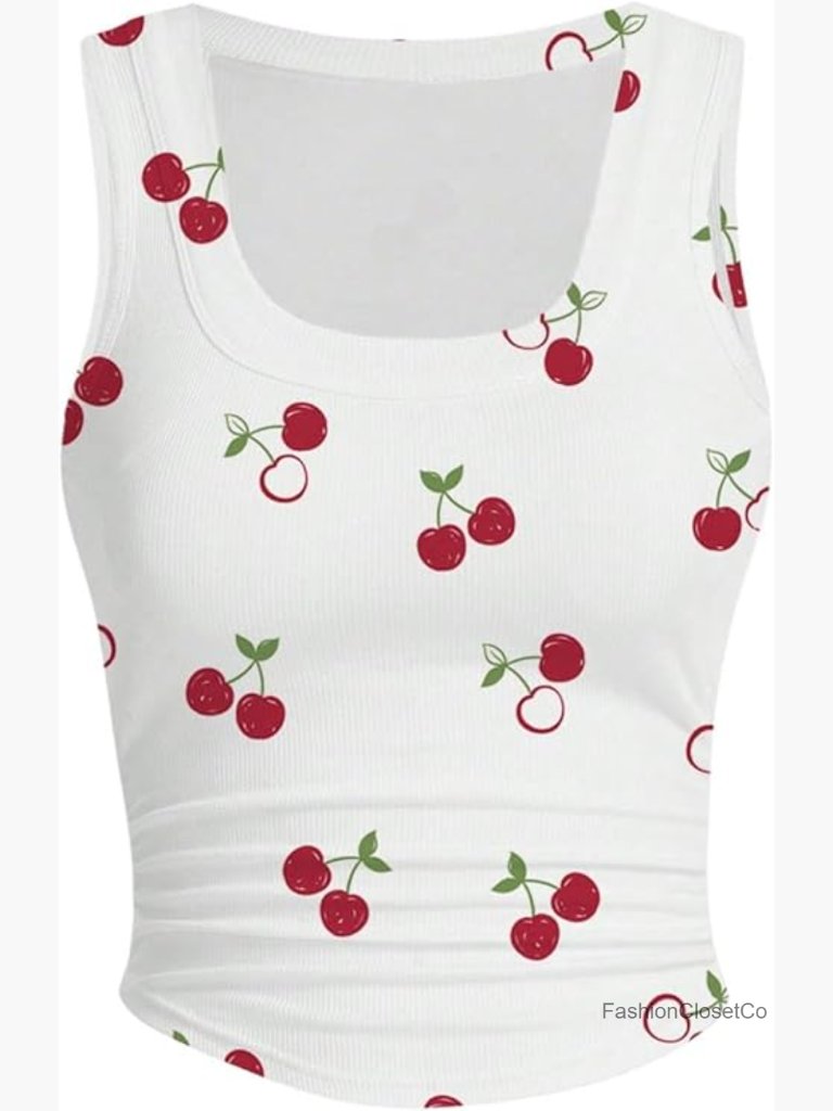 Cherry Print Curve Hem Tank Top Sleeveless Scoop Neck Rib Knit